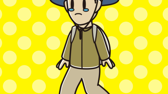 ハイキング中に泣く男性のイラスト【色、背景あり】PNG