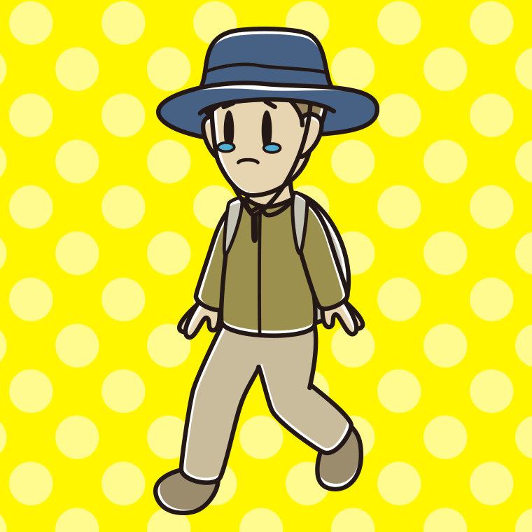 ハイキング中に泣く男性のイラスト【色、背景あり】PNG