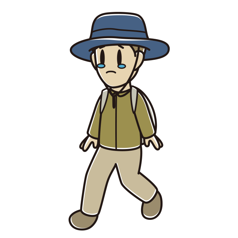 ハイキング中に泣く男性のイラスト【色あり、背景なし】透過PNG