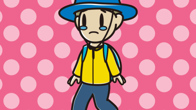 ハイキング中に泣く小学生男子のイラスト【色、背景あり】PNG