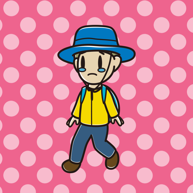 ハイキング中に泣く小学生男子のイラスト【色、背景あり】PNG