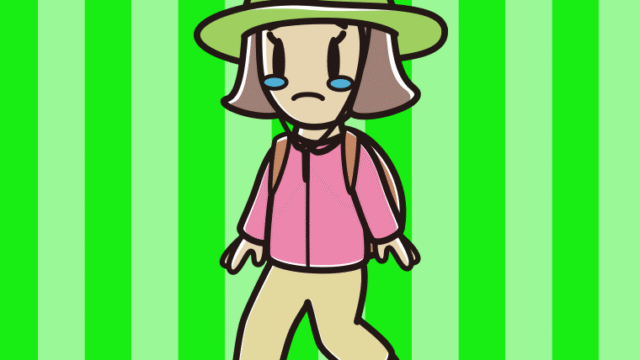 ハイキング中に泣く小学生女子のイラスト【色、背景あり】PNG