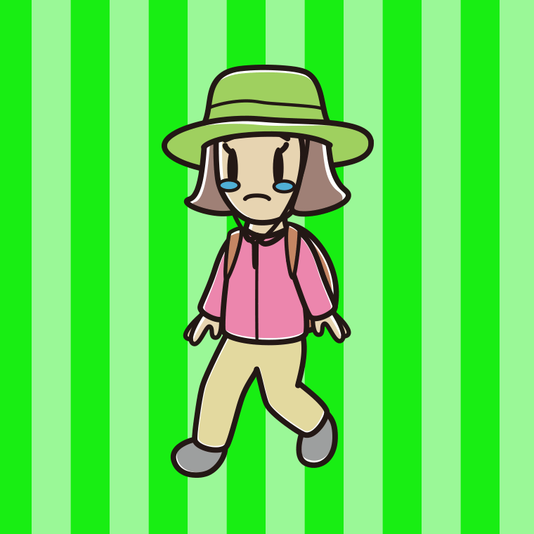 ハイキング中に泣く小学生女子のイラスト【色、背景あり】PNG
