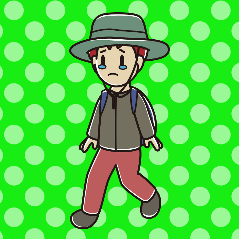 ハイキング中に泣く男子大学生のイラスト【色、背景あり】PNG