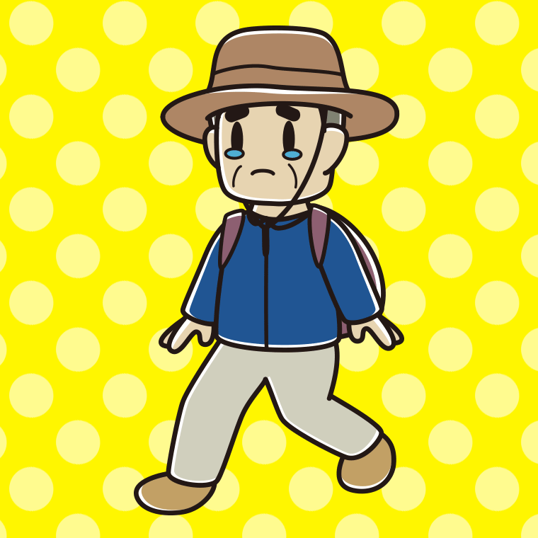 ハイキング中に泣くおじさんのイラスト【色、背景あり】PNG