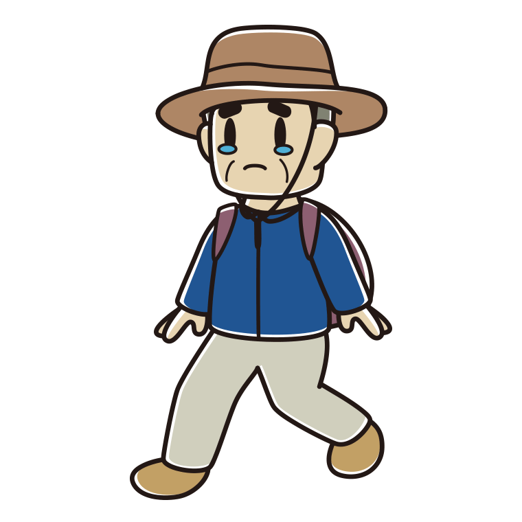 ハイキング中に泣くおじさんのイラスト【色あり、背景なし】透過PNG