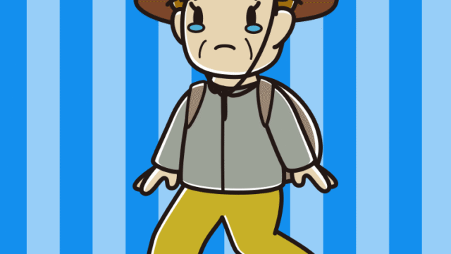 ハイキング中に泣くおばさんのイラスト【色、背景あり】PNG