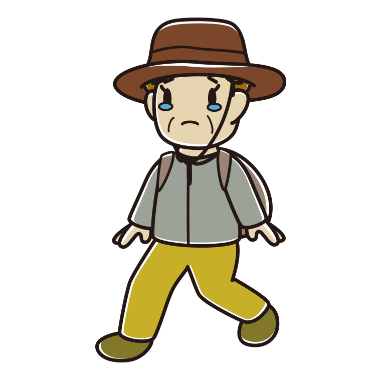 ハイキング中に泣くおばさんのイラスト【色あり、背景なし】透過PNG