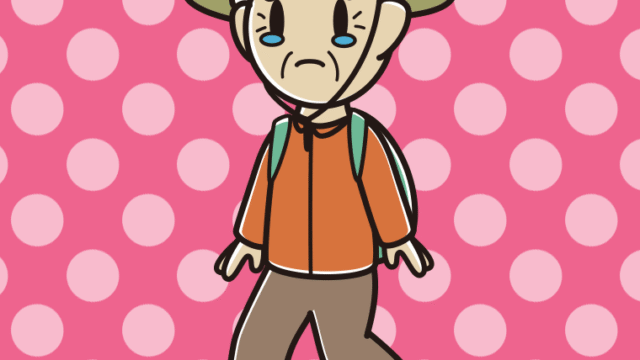 ハイキング中に泣くおじいさんのイラスト【色、背景あり】PNG