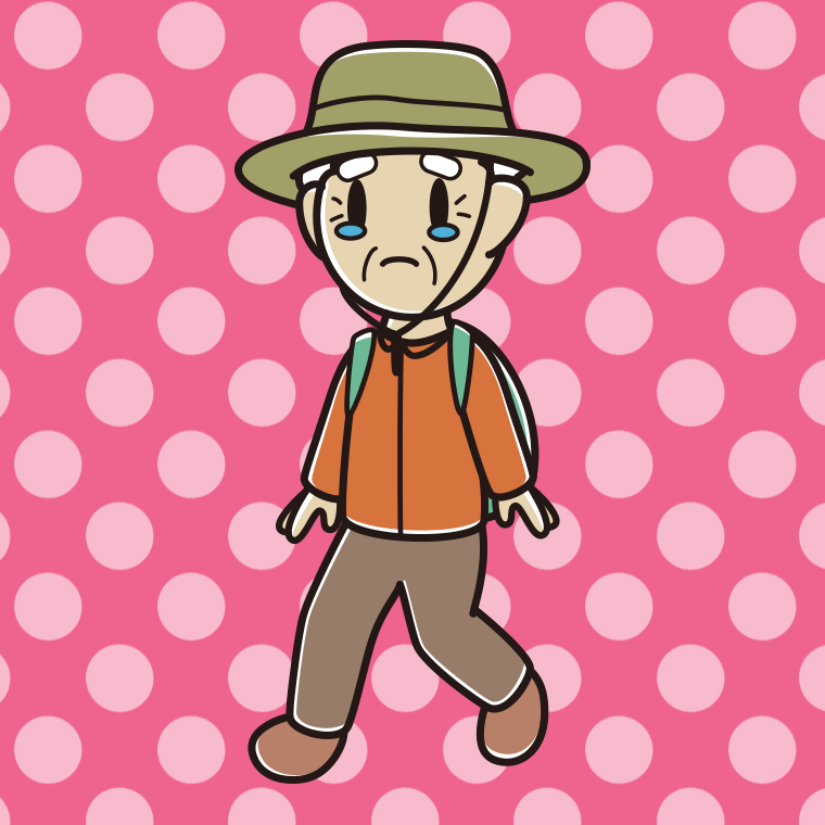 ハイキング中に泣くおじいさんのイラスト【色、背景あり】PNG