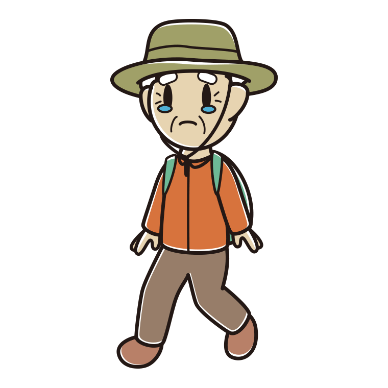ハイキング中に泣くおじいさんのイラスト【色あり、背景なし】透過PNG