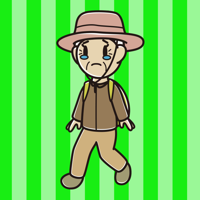 ハイキング中に泣くおばあさんのイラスト【色、背景あり】PNG