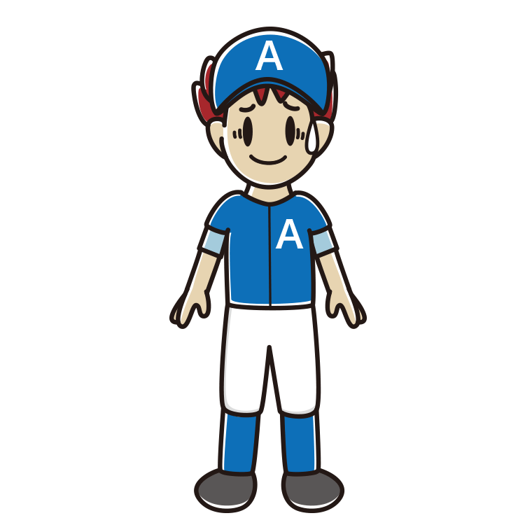 苦笑いする野球のユニフォーム姿の男子大学生のイラスト【色あり、背景なし】透過PNG