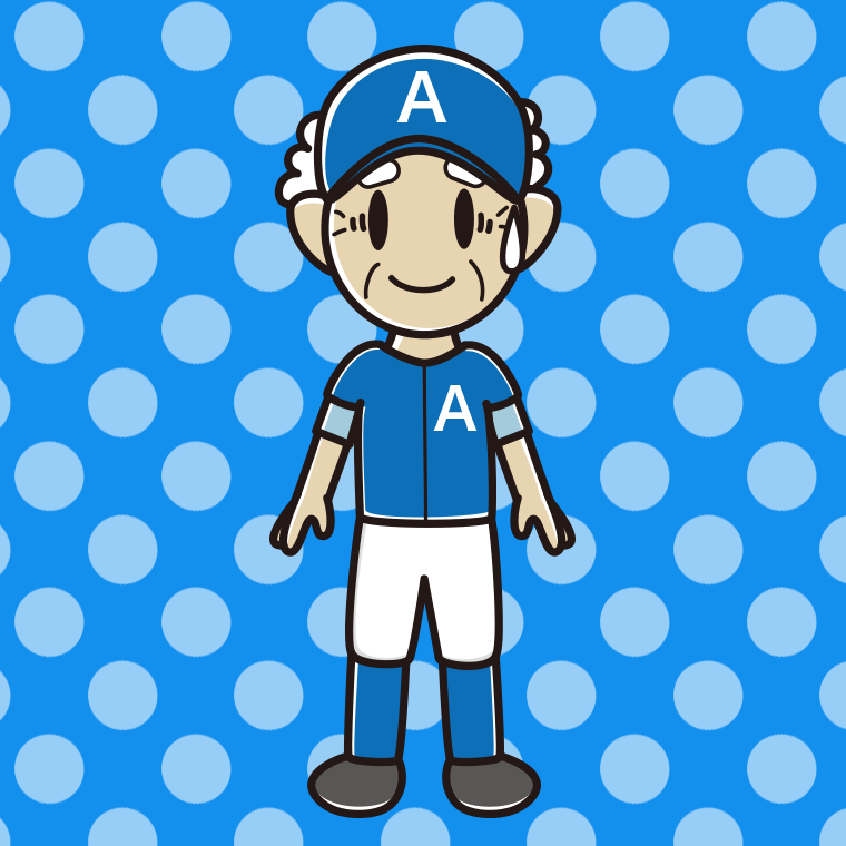 苦笑いする野球のユニフォーム姿のおじいさんのイラスト【色、背景あり】PNG