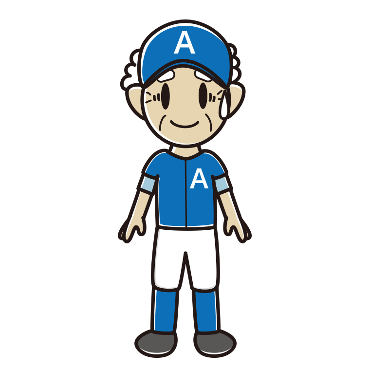苦笑いする野球のユニフォーム姿のおじいさんのイラスト【色あり、背景なし】透過PNG