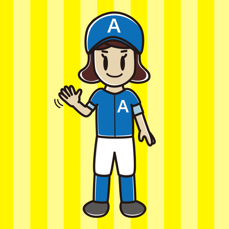 手を振る野球のユニフォーム姿の女子高校生のイラスト【色、背景あり】PNG