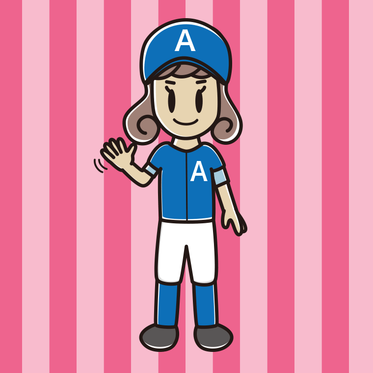 手を振る野球のユニフォーム姿の女子大学生のイラスト【色、背景あり】PNG