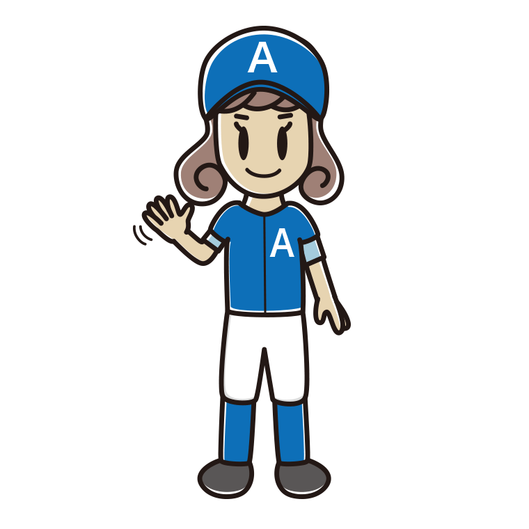 手を振る野球のユニフォーム姿の女子大学生のイラスト【色あり、背景なし】透過PNG