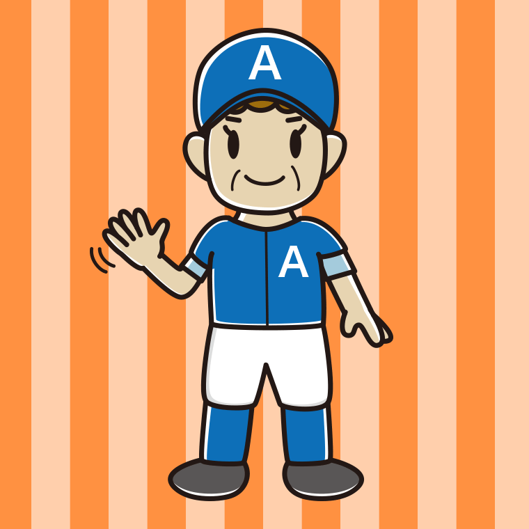 手を振る野球のユニフォーム姿のおばさんのイラスト【色、背景あり】PNG