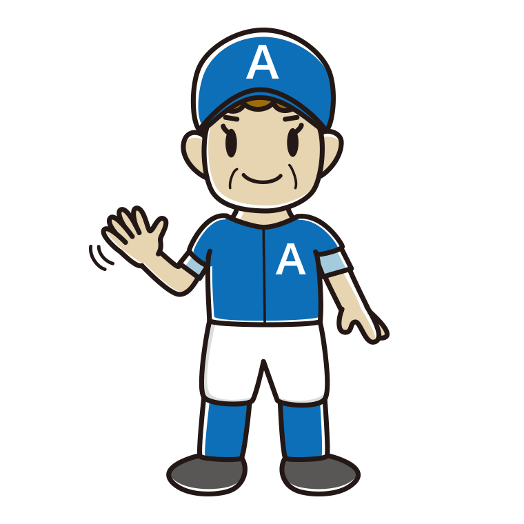 手を振る野球のユニフォーム姿のおばさんのイラスト【色あり、背景なし】透過PNG