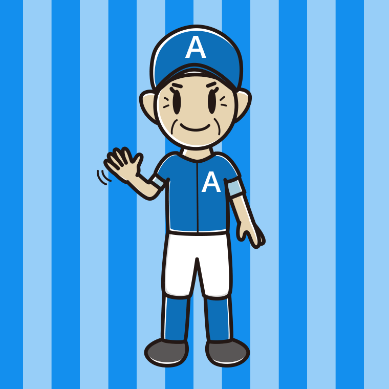 手を振る野球のユニフォーム姿のおばあさんのイラスト【色、背景あり】PNG