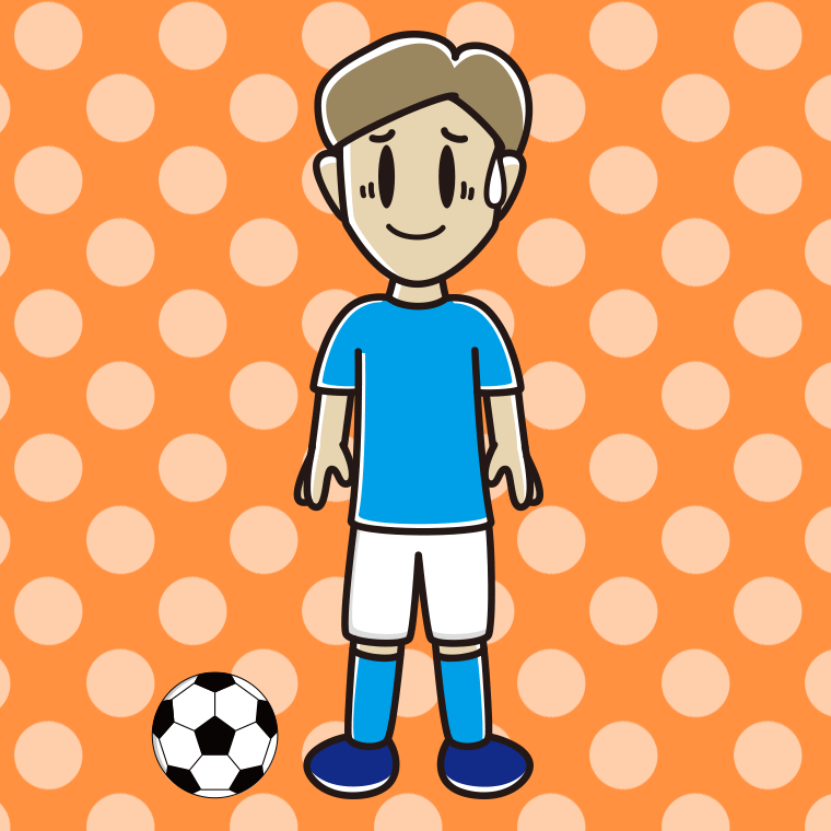 苦笑いするサッカーのユニフォーム姿の男性のイラスト【色、背景あり】PNG