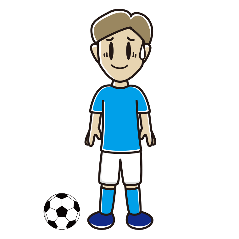 苦笑いするサッカーのユニフォーム姿の男性のイラスト【色あり、背景なし】透過PNG