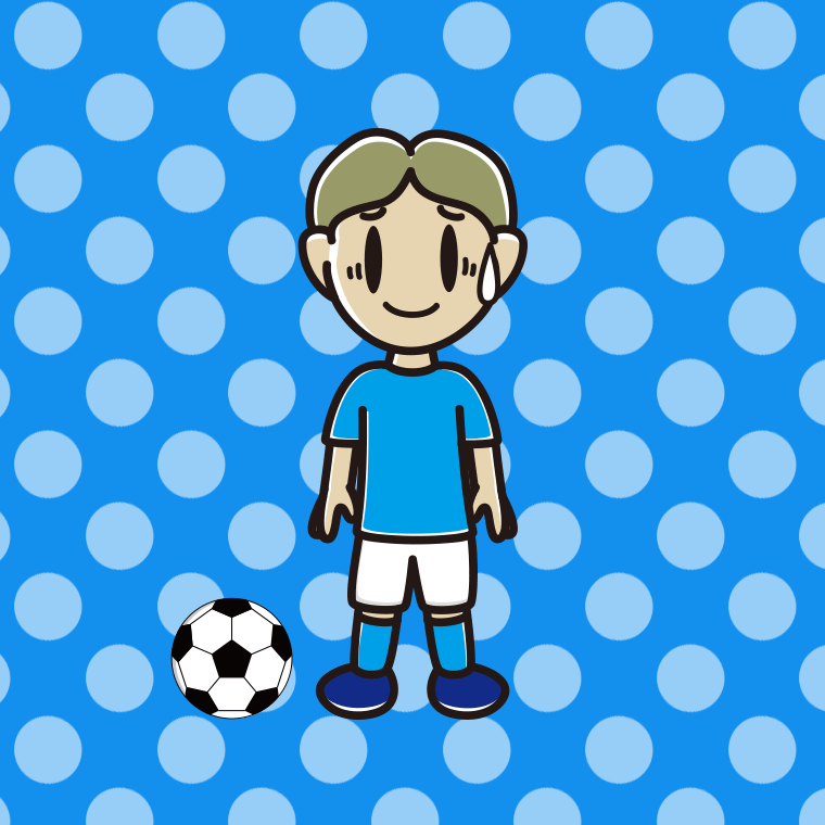 苦笑いするサッカーのユニフォーム姿の小学生男子のイラスト【色、背景あり】PNG