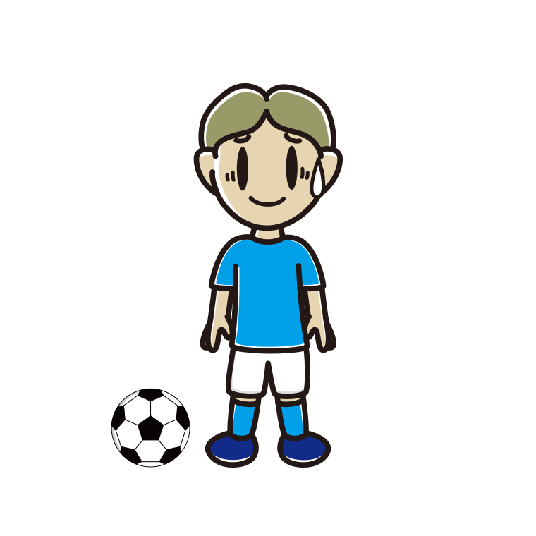苦笑いするサッカーのユニフォーム姿の小学生男子のイラスト【色あり、背景なし】透過PNG