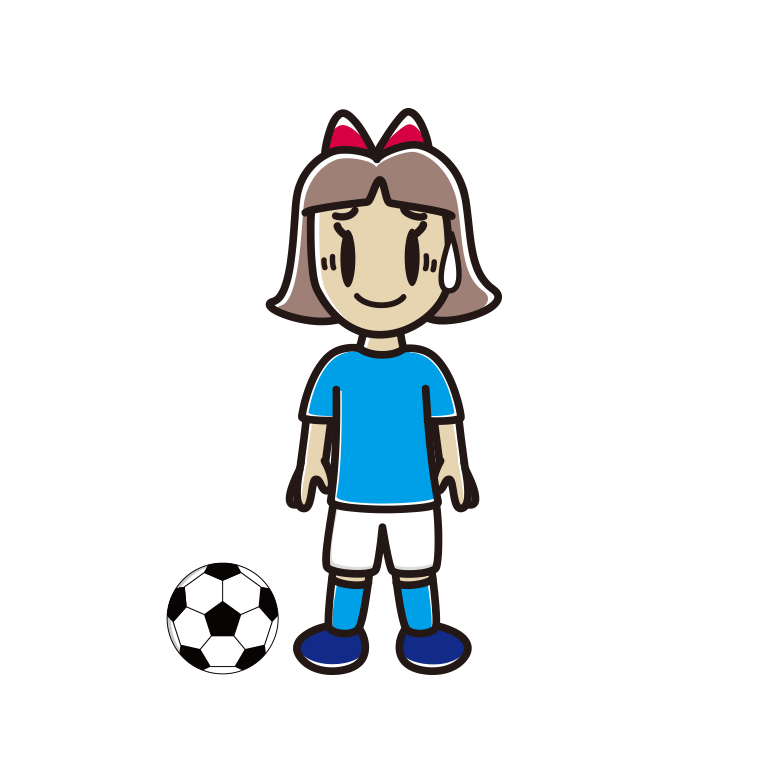 苦笑いするサッカーのユニフォーム姿の小学生女子のイラスト【色あり、背景なし】透過PNG
