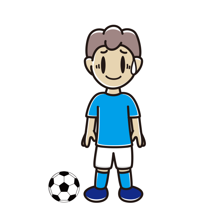 苦笑いするサッカーのユニフォーム姿の男子中学生のイラスト【色あり、背景なし】透過PNG