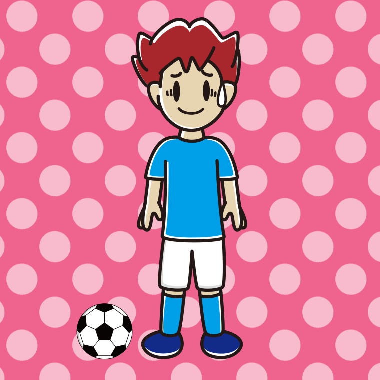 苦笑いするサッカーのユニフォーム姿の男子大学生のイラスト【色、背景あり】PNG