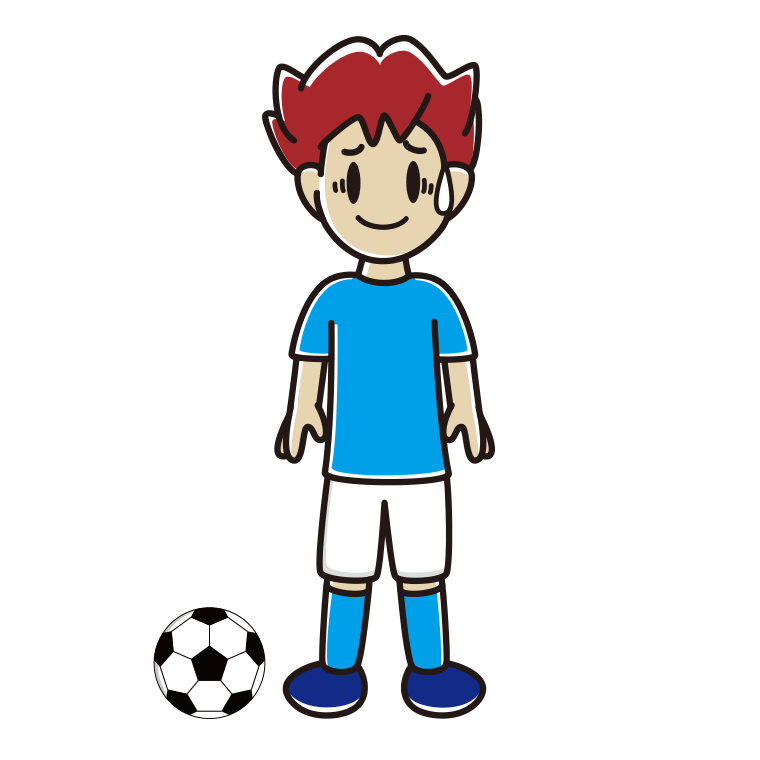 苦笑いするサッカーのユニフォーム姿の男子大学生のイラスト【色あり、背景なし】透過PNG