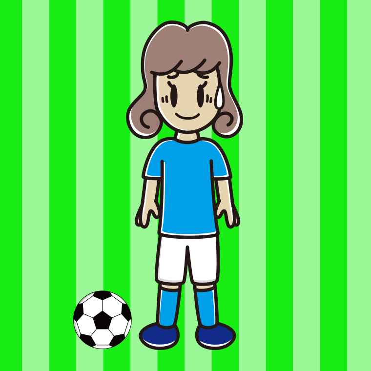 苦笑いするサッカーのユニフォーム姿の女子大学生のイラスト【色、背景あり】PNG