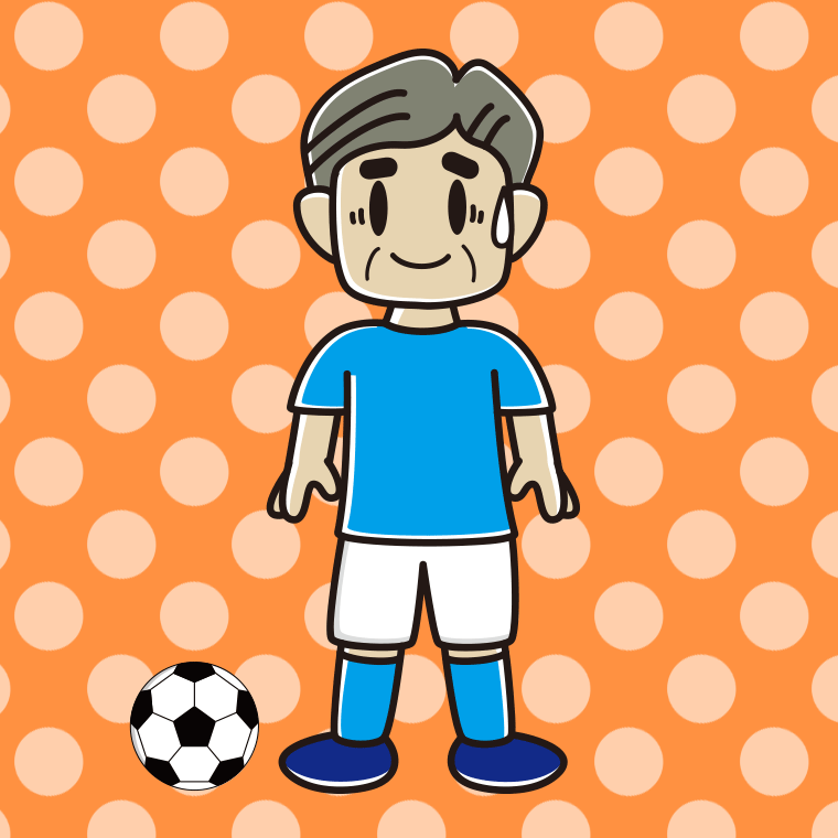 苦笑いするサッカーのユニフォーム姿のおじさんのイラスト【色、背景あり】PNG