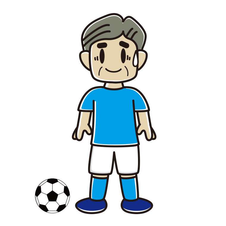 苦笑いするサッカーのユニフォーム姿のおじさんのイラスト【色あり、背景なし】透過PNG