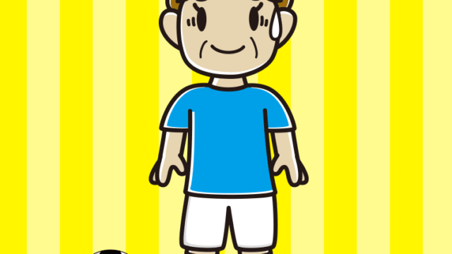 苦笑いするサッカーのユニフォーム姿のおばさんのイラスト【色、背景あり】PNG