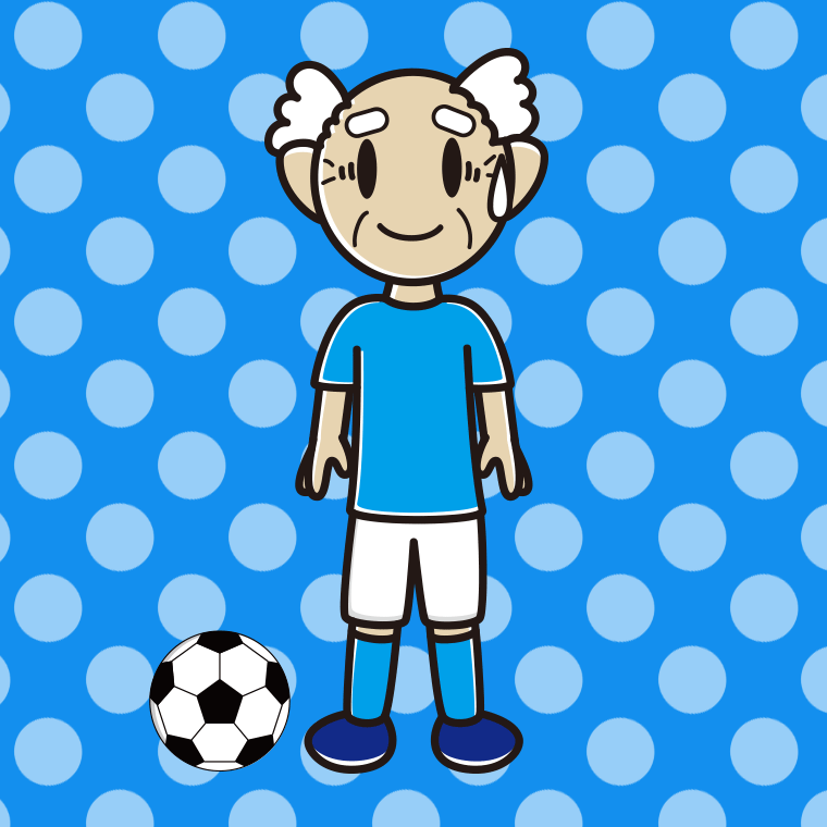 苦笑いするサッカーのユニフォーム姿のおじいさんのイラスト【色、背景あり】PNG