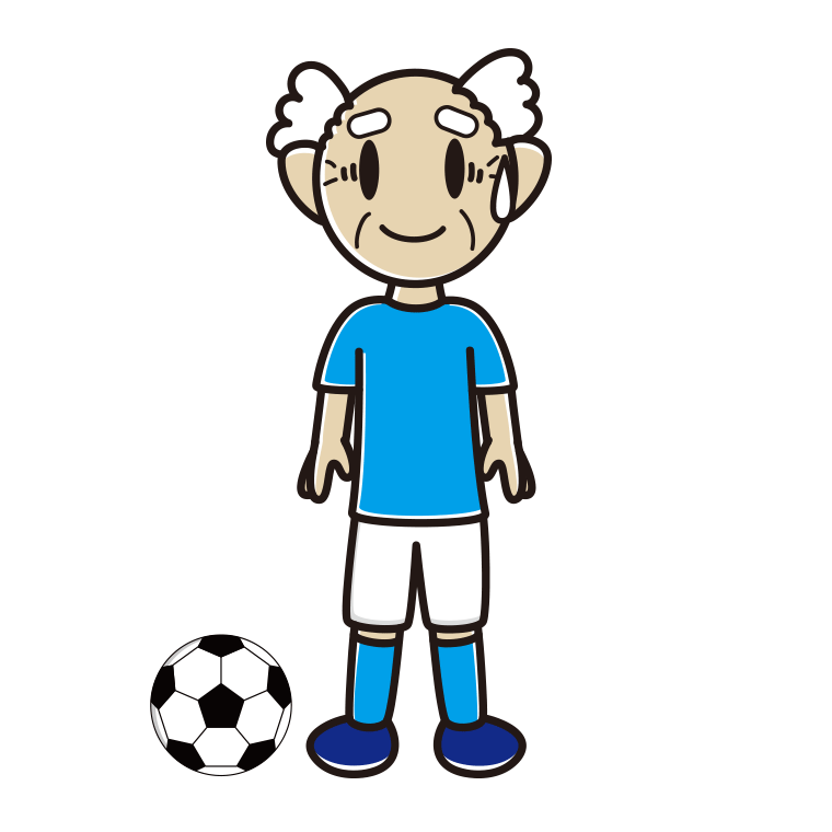 苦笑いするサッカーのユニフォーム姿のおじいさんのイラスト【色あり、背景なし】透過PNG