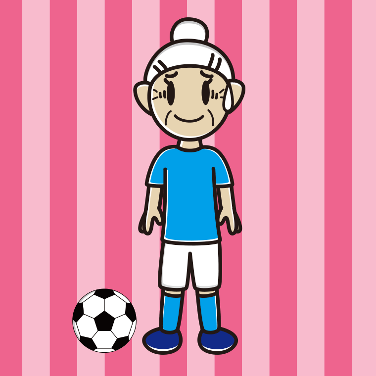 苦笑いするサッカーのユニフォーム姿のおばあさんのイラスト【色、背景あり】PNG