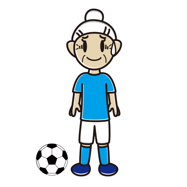 苦笑いするサッカーのユニフォーム姿のおばあさんのイラスト【色あり、背景なし】透過PNG