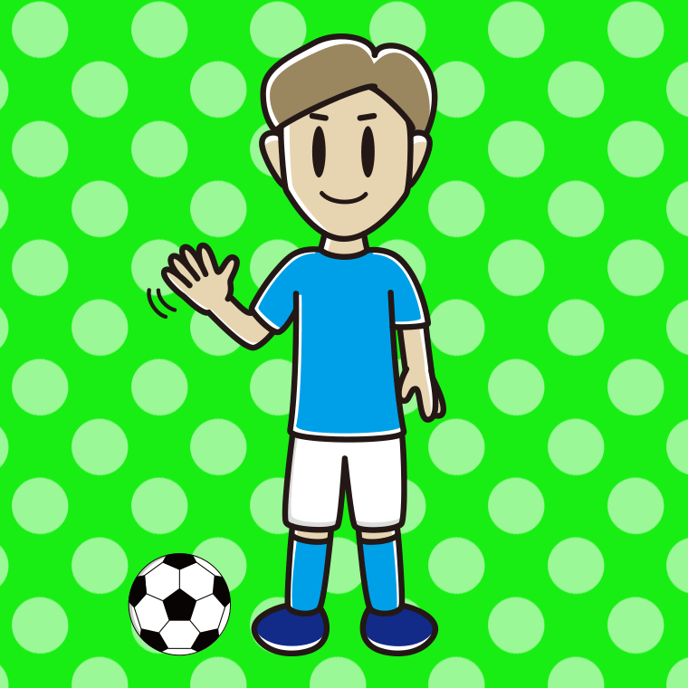 手を振るサッカーのユニフォーム姿の男性のイラスト【色、背景あり】PNG