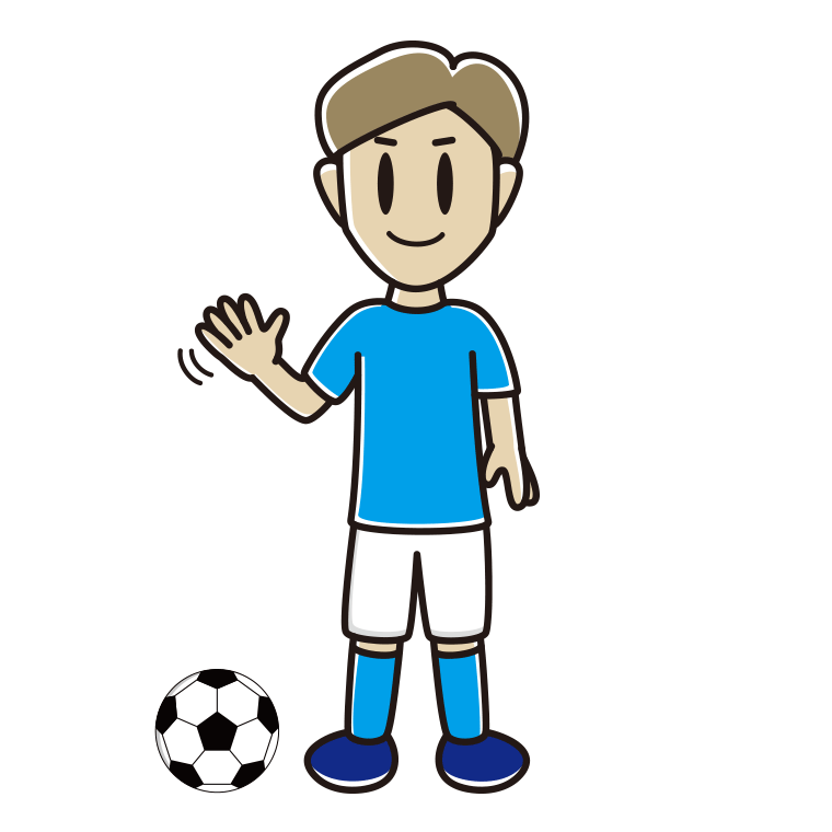 手を振るサッカーのユニフォーム姿の男性のイラスト【色あり、背景なし】透過PNG