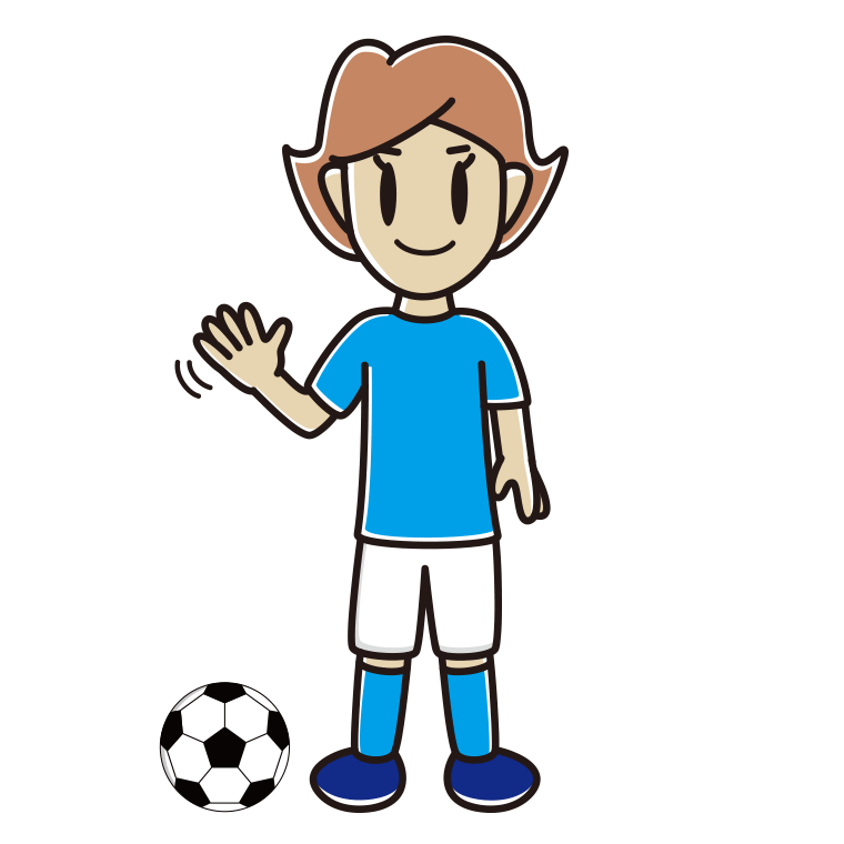 手を振るサッカーのユニフォーム姿の女性のイラスト【色あり、背景なし】透過PNG