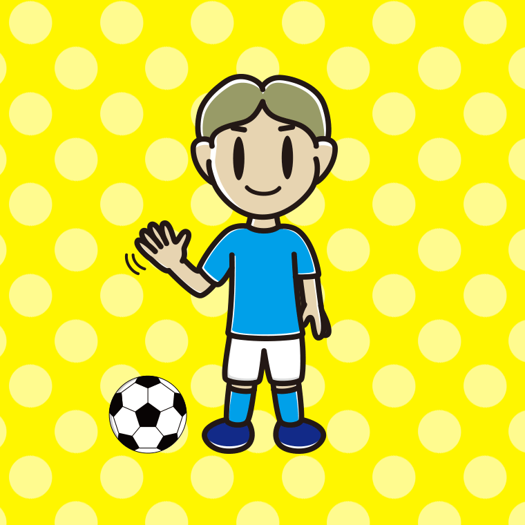 手を振るサッカーのユニフォーム姿の小学生男子のイラスト【色、背景あり】PNG