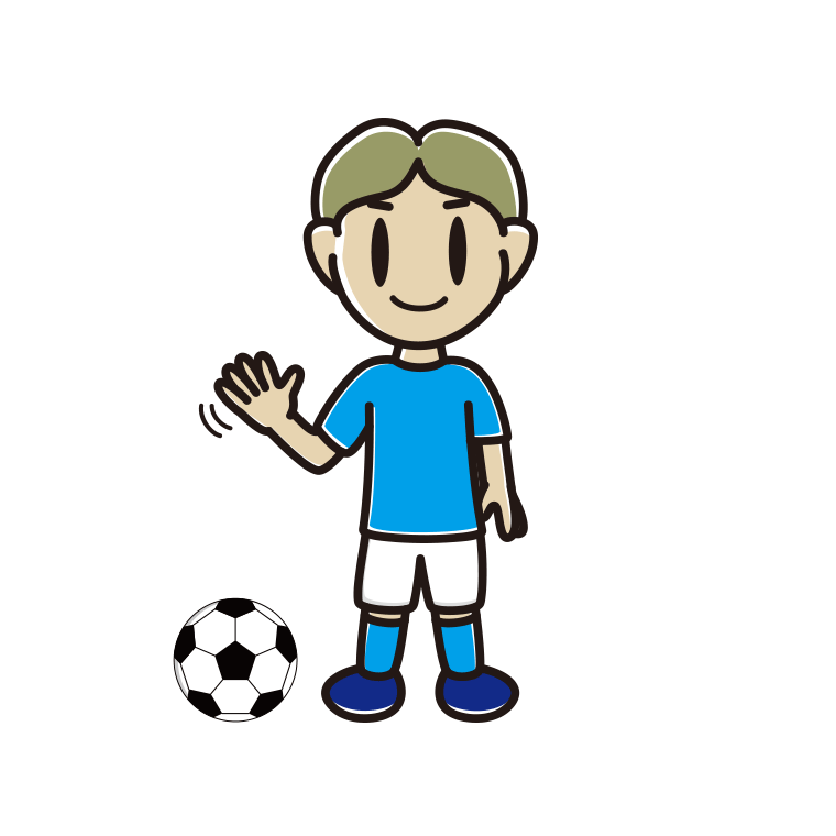 手を振るサッカーのユニフォーム姿の小学生男子のイラスト【色あり、背景なし】透過PNG