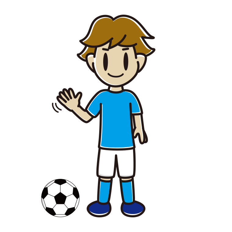 手を振るサッカーのユニフォーム姿の男子高校生のイラスト【色あり、背景なし】透過PNG