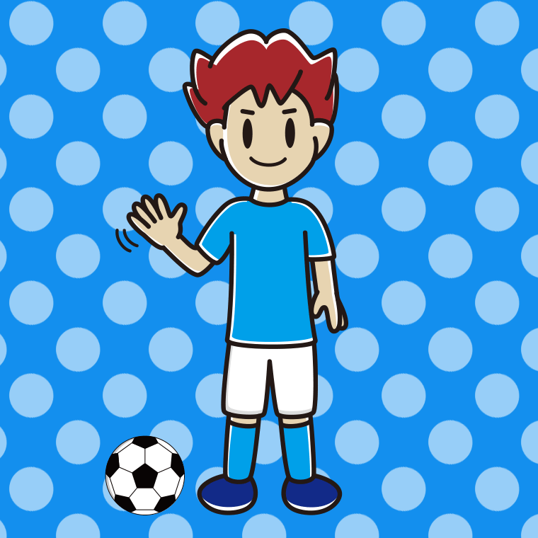手を振るサッカーのユニフォーム姿の男子大学生のイラスト【色、背景あり】PNG