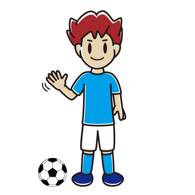 手を振るサッカーのユニフォーム姿の男子大学生のイラスト【色あり、背景なし】透過PNG