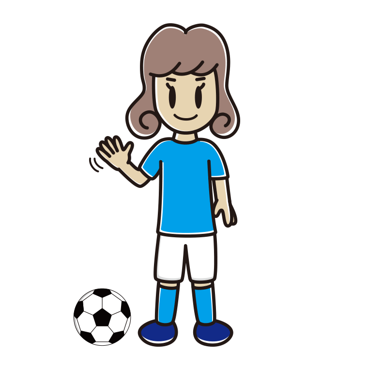 手を振るサッカーのユニフォーム姿の女子大学生のイラスト【色あり、背景なし】透過PNG